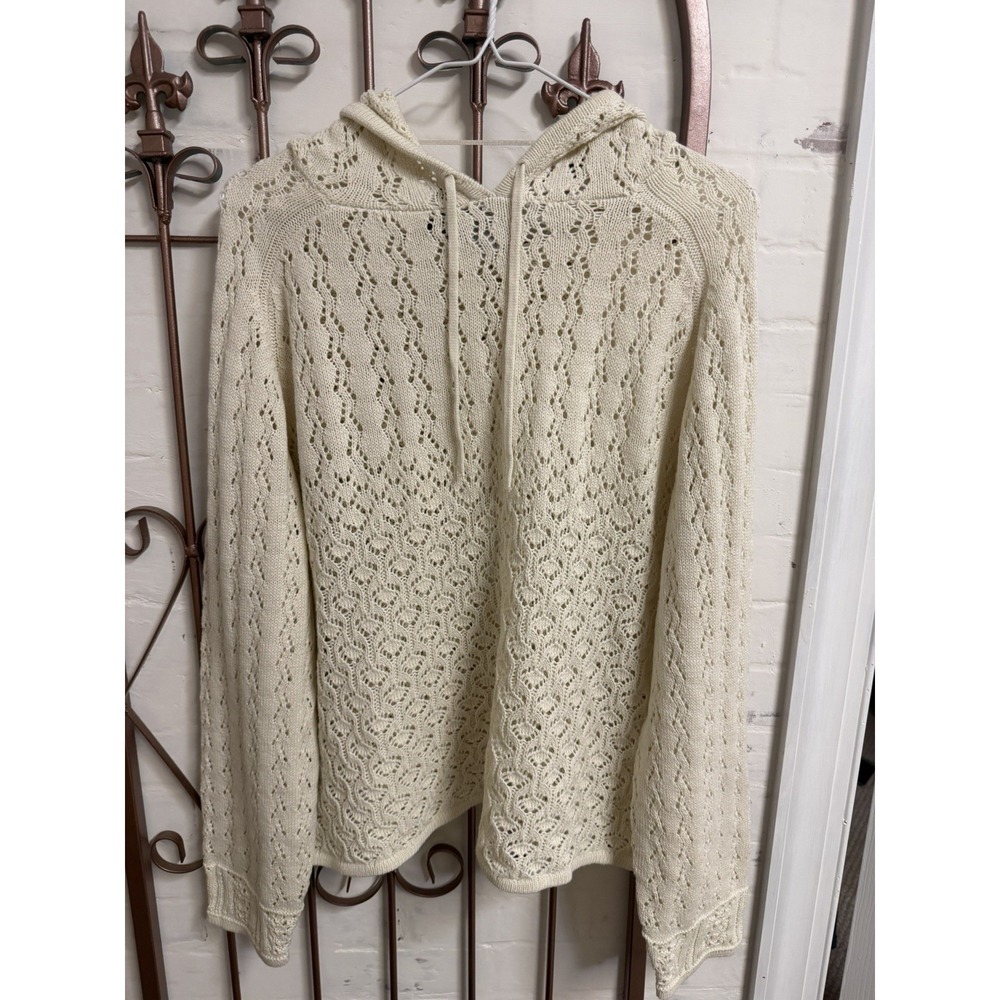 Melrose & Market XL Ivory Pointelle Knit Hooded Sweater Cotton Blend Boho NWT